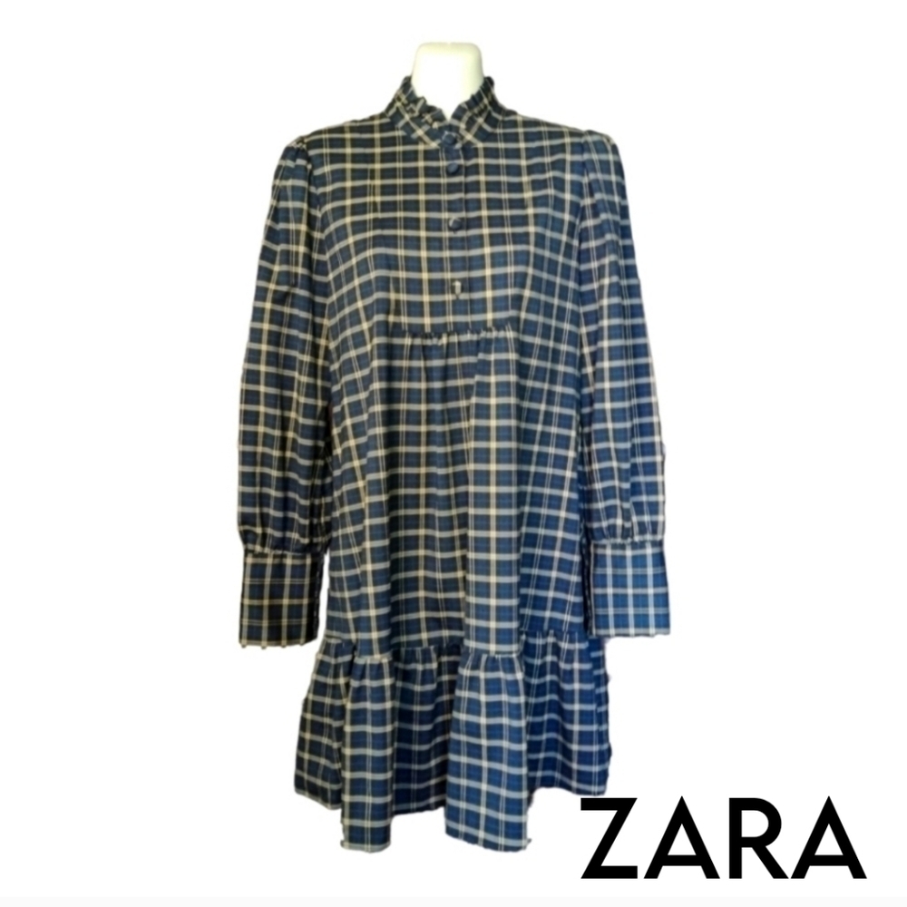 ZARA Very cute long sleeve navy blue and cream-coloured plaid dress